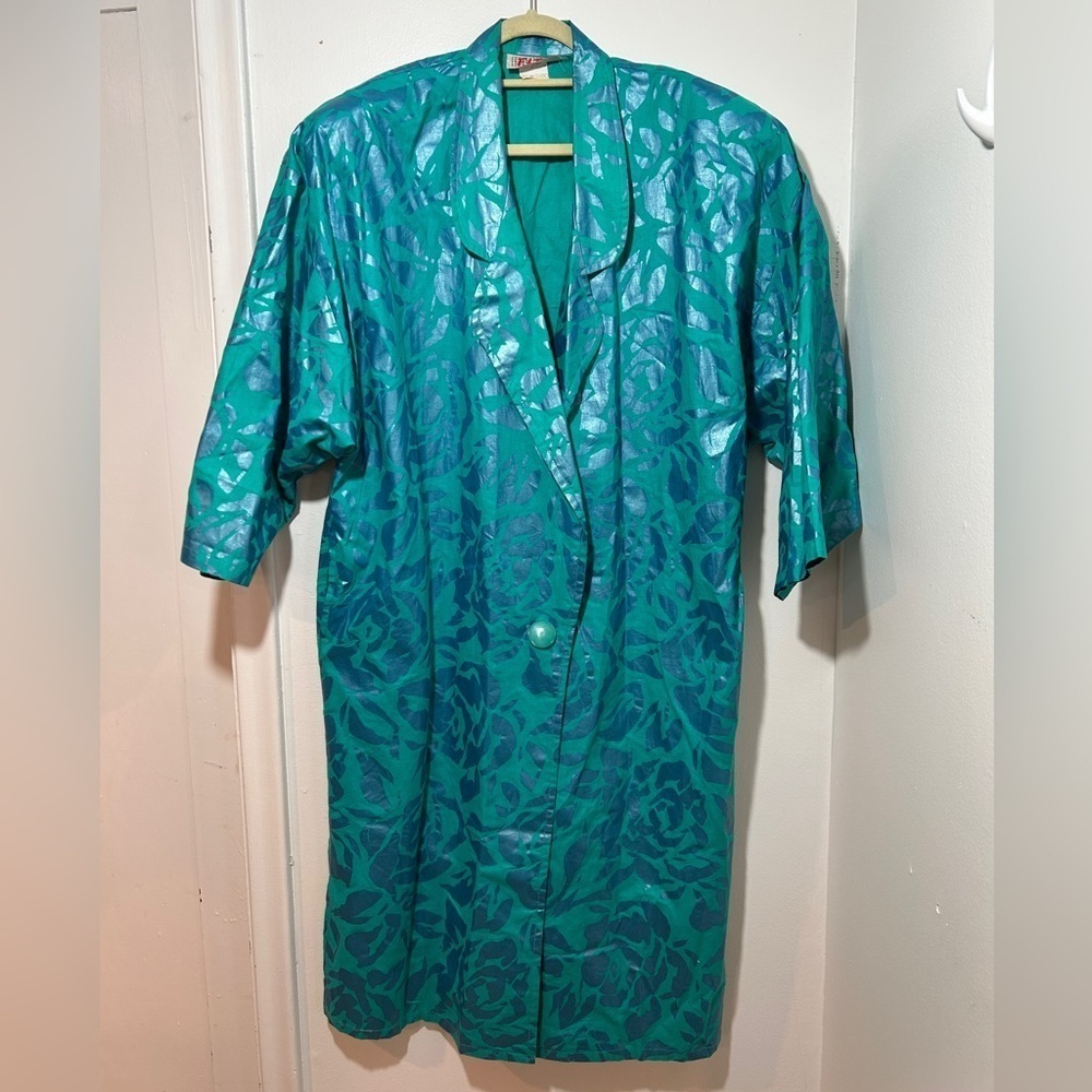 Vintage F.I.T.S teal metallic Floral Patterned Coat size L
